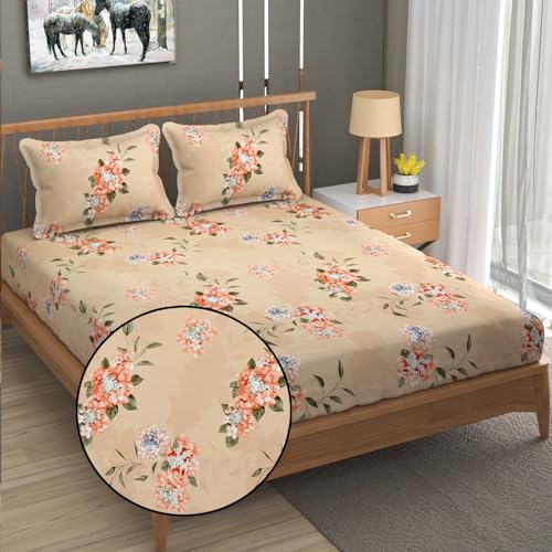 Image of Fresh From Loom Hypoallergenic Floral Print King Size Bedsheet with 2 Pillow Covers - Microfiber, 240 TC (90 x 95 inch| Beige, Floral Design)