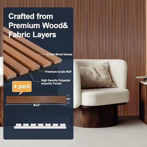 Image of NeatiEase Wood Panels for Wall, 4-Piece 94.5 inch x 11 inch Soundproof Wood Slat Wall Panel for Interior Wall Decor Noise Cancelling, Acoustic Wall Panels, Sound Absorbing Panel (Teak)