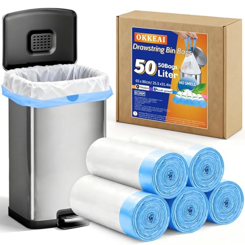 OKKEAI White Bin Bags 50L Drawstring Tall Kitchen Waste Bin Liners, 50 Counts Heavy Duty Trash Bags with Tie Handles, Tear-Resistant, Ideal for Kitchen & Household Use