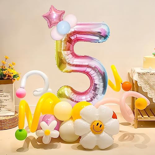 Image of 40 Inch Giant Rainbow Number 5 Balloons, Birthday Balloons, Helium Mylar Foil Big Number Balloons for Birthday Party Decorations, Kids' Birthday Anniversary Party Baby Shower Unicorn Parties