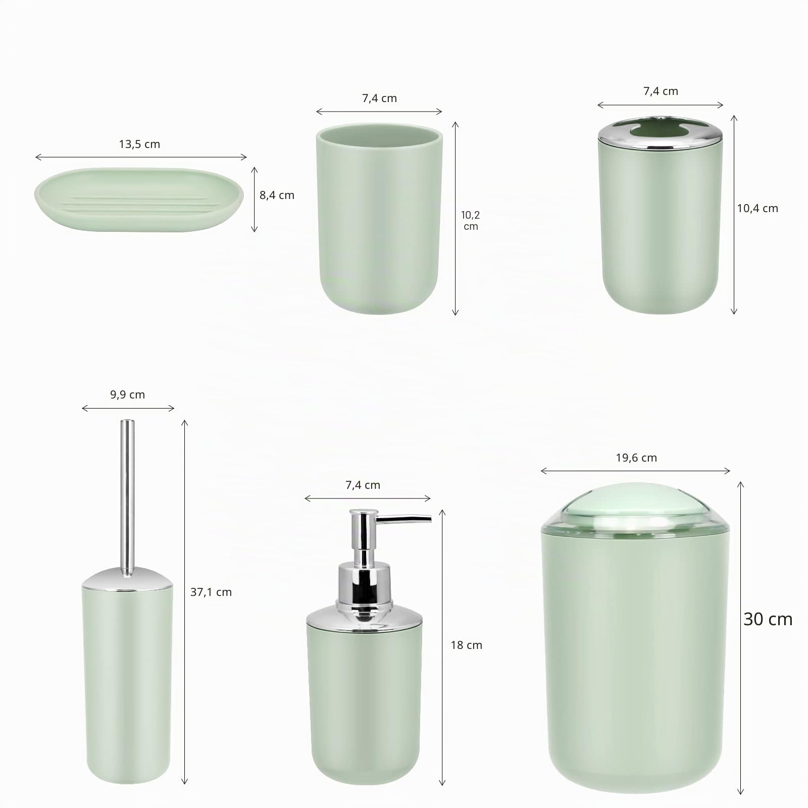 IMAVO Set di accessori da bagno – Set di 6 accessori da bagno verde con cestino, dispenser di sapone, portasapone, portaspazzolino e tazza, portascopino per WC, set di accessori per il bagno completo