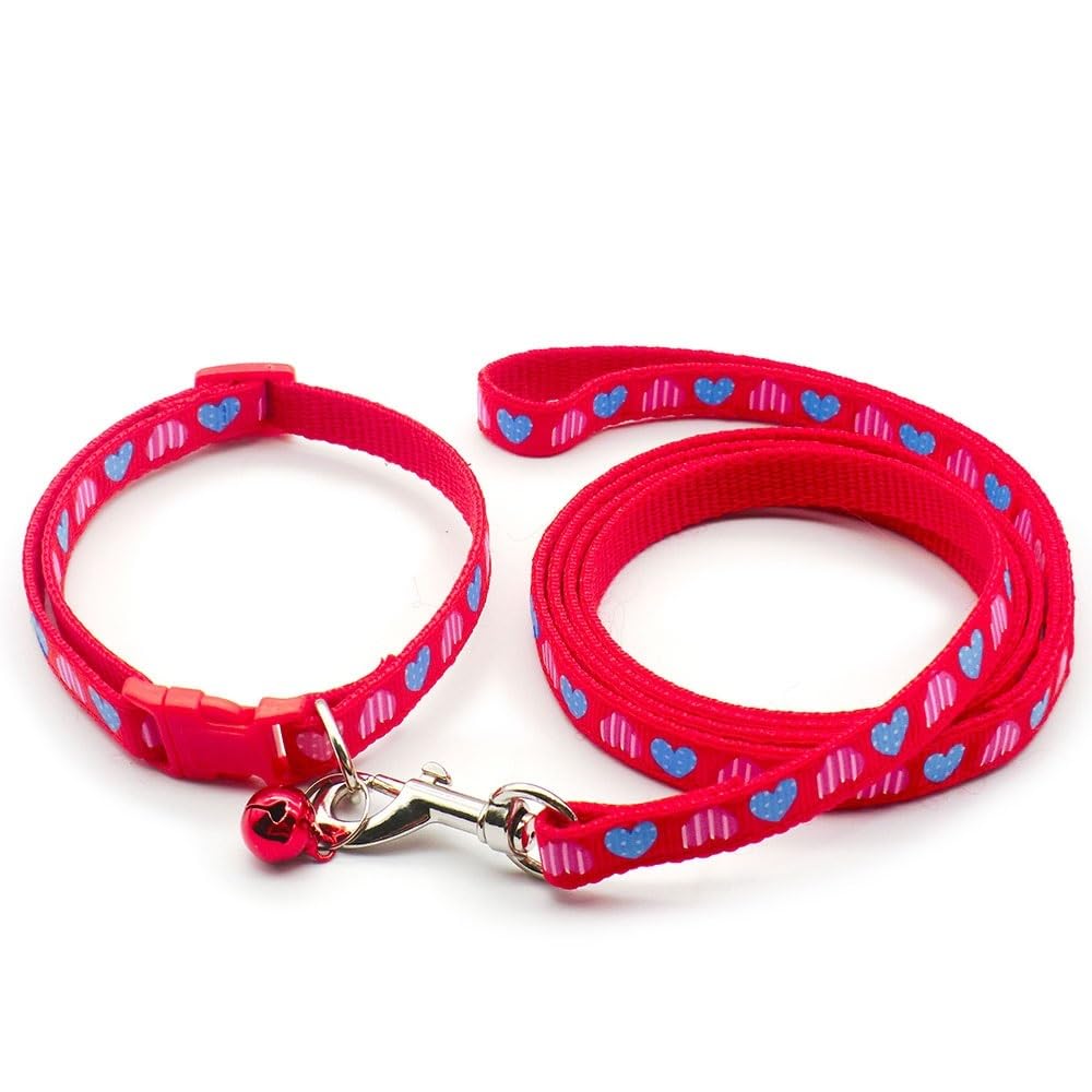 Small Dog Puppy Pet Collar and Lead Set Love Heart Design Nylon Adjustable Size 19-32cm Collar with Bell and 120cm Leash Red - Image 2