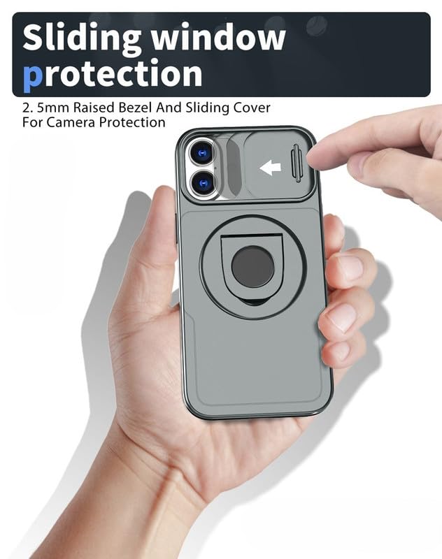 Image of LuxuryKase MagSafe Shockproof Rugged Back Case for iPhone 17 | Finger Ring Kickstand & Sliding Camera Cover | Military Drop Protection | Wireless Charging Support - Grey