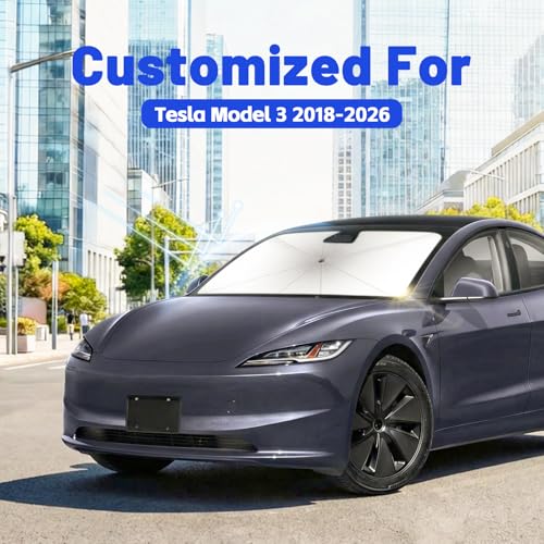 Image of Windshield Sun Shade for Tesla Model 3 2018-2026, Umbrella Car Shades with 360Rotating Shaft, Foldable Front Window Sunshade for UV & Heat Protection