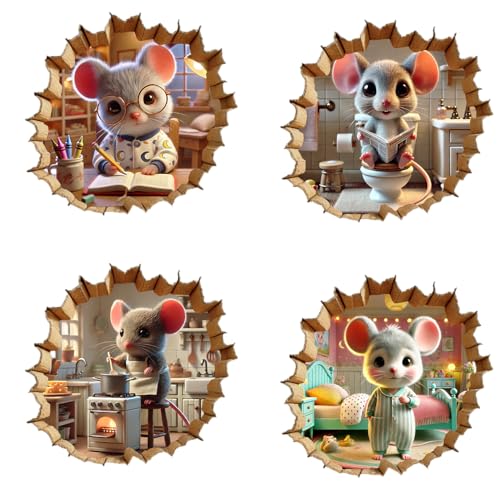 NEXIHOO Creative 3D Mouse Hole Wall Decals - Set of 4 Different Themes for Kids Room Decor, Classroom Decor, and Bathroom Stickers, Peel and Stick Wall Murals for Easy Application and Removal