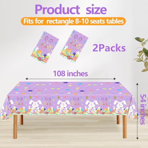Easter-Tablecloth-Disposable-Plastic-Easter-Bunny-Eggs-Table-Cloth-Easter-Table-Cover-for-Spring-Outdoor-Birthday-Baby-Shower-Party-Supplies-Decorations2-PCSPurple54x108-Inch Easter Tablecloth Disposable Plastic Easter Bunny Eggs Table Cloth Easter Table Cover for Spring Outdoor Birthday Baby Shower Party Supplies Decorations2 PCSPurple54x108 Inch