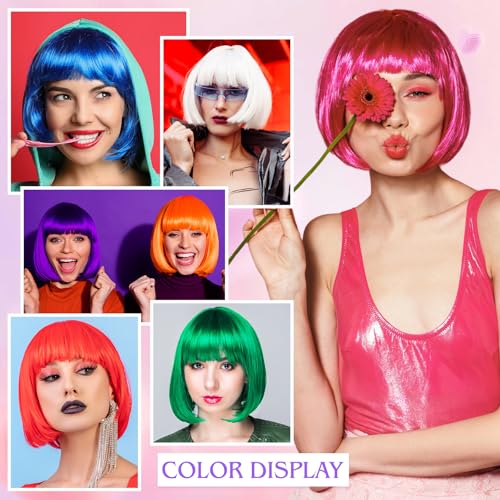 Image of MEEZY 2 Pcs Colorful Bob Wigs with Bangs Pink Purple for Women, Neon Funny Wig Short Bob Hair with Heart Sunglasses Hair Cap for Halloween Costume Cosplay Birthday Bachelorette Party Carnival