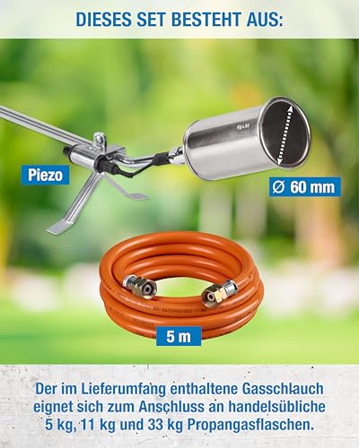 CFH Abflammgerät PZ 6500 inkl. Piezozündung und Gasschlauch - Unkrautbrenner Gas Anwendung mit 3/8\ Anschluss für Gasflaschen, Ideal für Unkrautbeseitigung, Teer- und Teichfolienarbeiten, TÜV SÜD GS