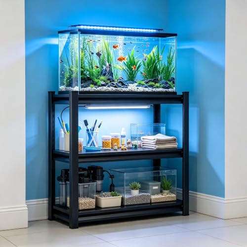 Image of Aquarium Stand, Freestanding Fish Stand with Storage for Living Room, Heavy Duty Metal Shelving Fish Tank Holder for 20-30 Gallon Breeder Tanks, Black 3-Tier, 31.5 inch Hx 31.5 inch Wx 13.8 inch D