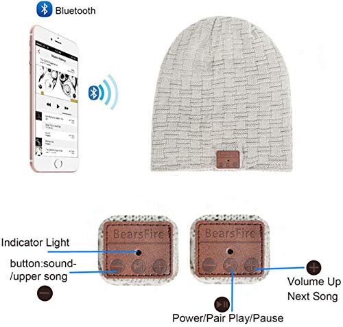 Bearsfire Wireless Music Beanie Hat With Bluetooth Headphones Speaker Mic Winter Warm Skull Running Knit Cap For Men Women Light Gray #TOP3