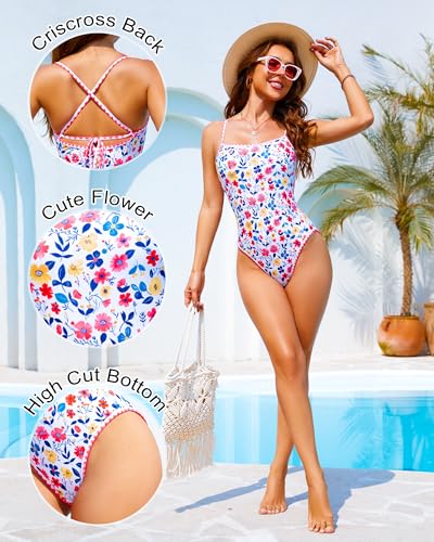 Image of Jolefille Womens One Piece Swimsuit Tummy Control Modest Bathing Suit Teen Girls Swim Suit Cute Floral Swimwear