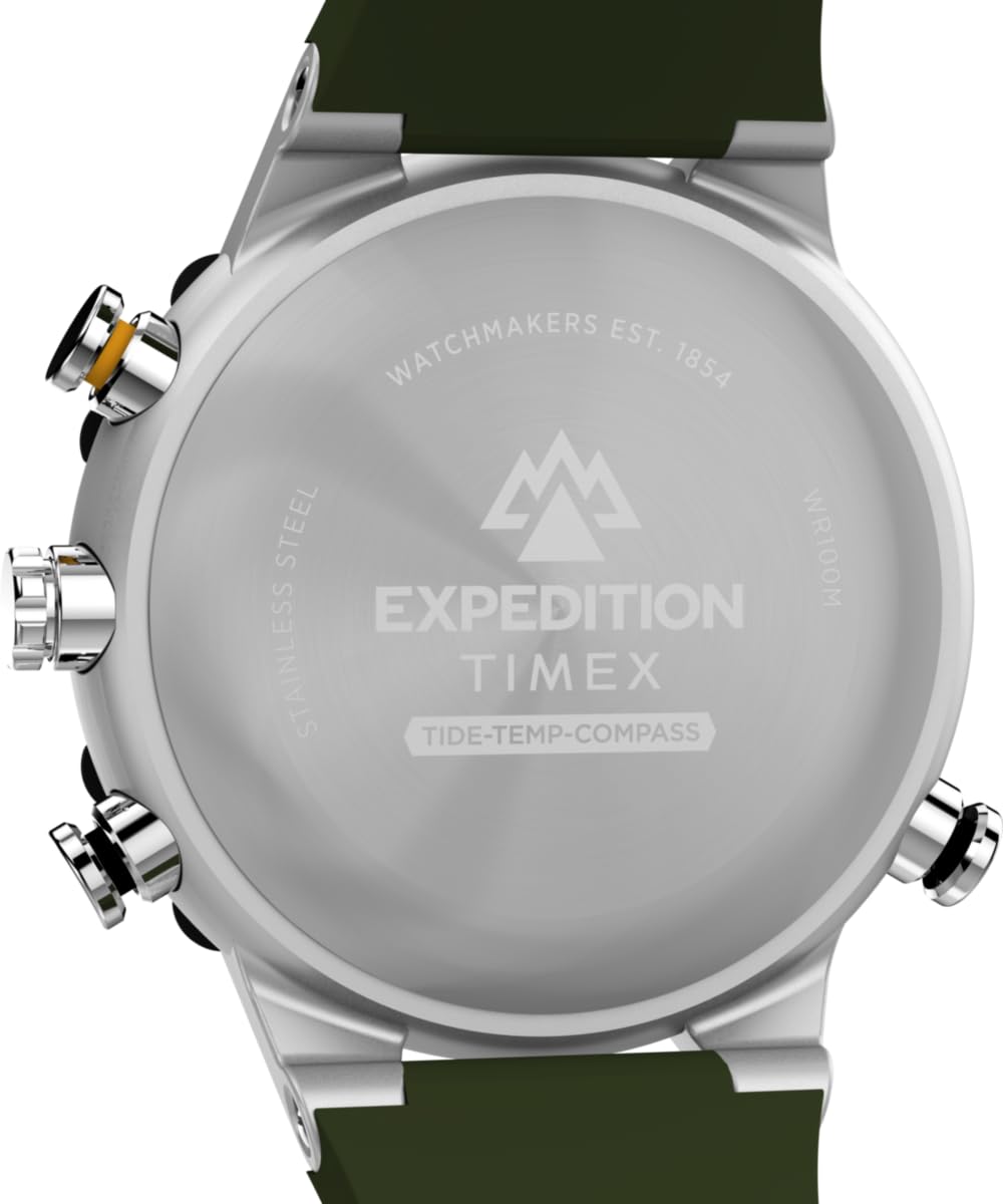 Timex TW2Y14400 Expedition Tide-Temp-Compass - Orologio al quarzo da uomo, 45 mm, cinturino in silicone verde con quadrante verde e cassa in acciaio inox