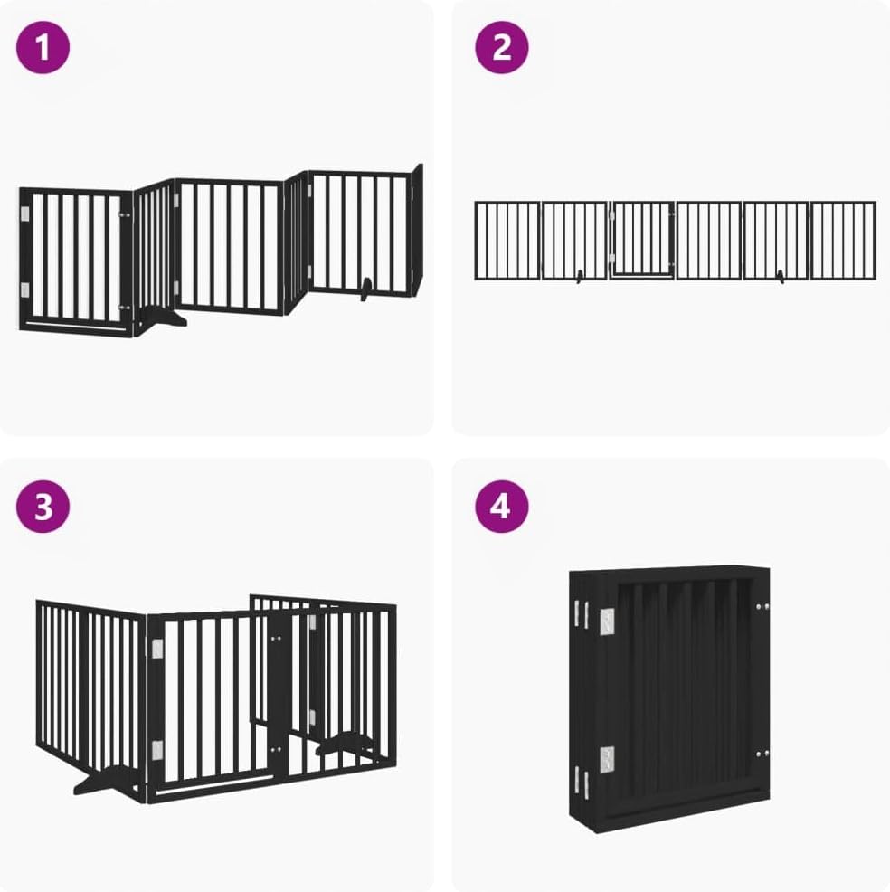 vidaXL Dog Gate with Door Foldable 6 Panels Black 118.1" Poplar Wood