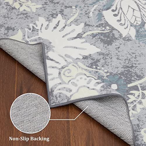 Royhome Washable Area Rug For Living Room Modern Floral Rug Non Slip Farmhouse Flower Area Rug Large Low Pile Stain Resistant Carpet Rug For Kitchen Bedroom Dining Room, 8'X10', Grey #TOP4