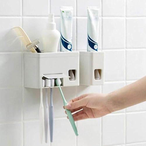 Miniatura 5 de MYSUP Toothbrush Holder Toothpaste Dispenser Dust-Proof Toothbrush Holder Wall Mount Stand Bathroom Accessories Set Toothpaste Squeezers Rack (Color