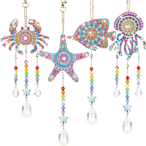 Queekay 4 Pcs Diamond Painting Suncatcher Wind Chime Sea Animal Double Sided Crystal Rhinestone Big Gem Painting Suncatcher Hanging Ornament For Adults Kids Home Window Decor (Ocean Style) #TOP6