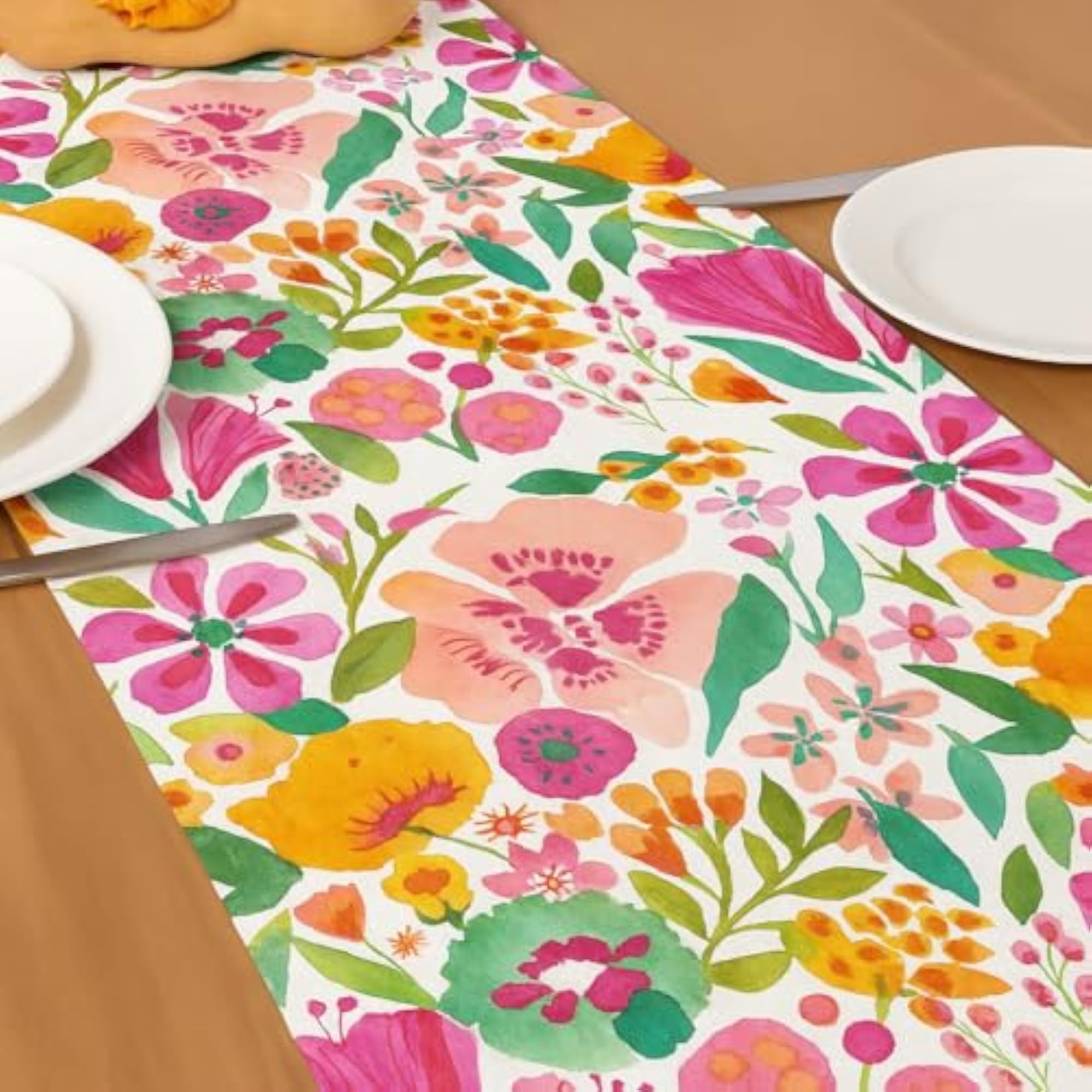 Pink Floral Print Table Runner with Tassels
