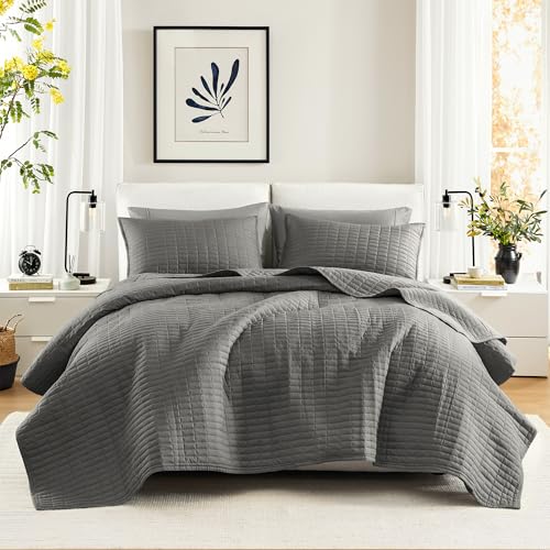 Comfort Spaces Kienna Quilt Set- Double Sided Stitching Design Summer Blanket, Lightweight, Soft, All Season Bedding Layer, Matching Sham, Charcoal, Coverlet Full/Queen(90"x90") 3 Piece