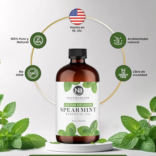 Image of NaturoBliss Spearmint Essential Oil, 100% Pure and Natural Therapeutic Grade, Premium Quality Spearmint Oil, 4 fl. Oz - Perfect for Aromatherapy and Relaxation