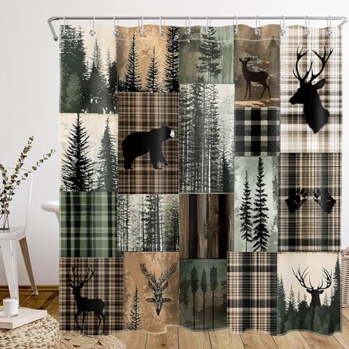 MYUSRE Rustic Cabin Patchwork Shower Curtain with Hooks 72W x 72L inches
