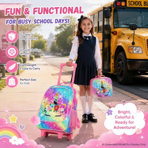 Image of CCJPX 3PCS Kids Rolling Backpack for Girls, Unicorn Sequin Roller Wheeled Bookbag Toddler Elementary School Bag with Wheels