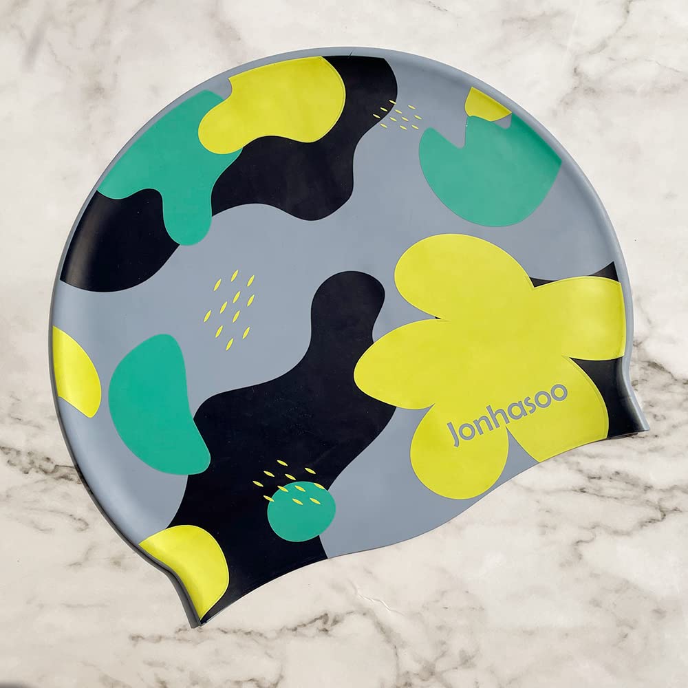 Jonhasoo Swim Cap Women, Silicone Swimming Cap for Long Hair with Flower Printed (Airy Blue)