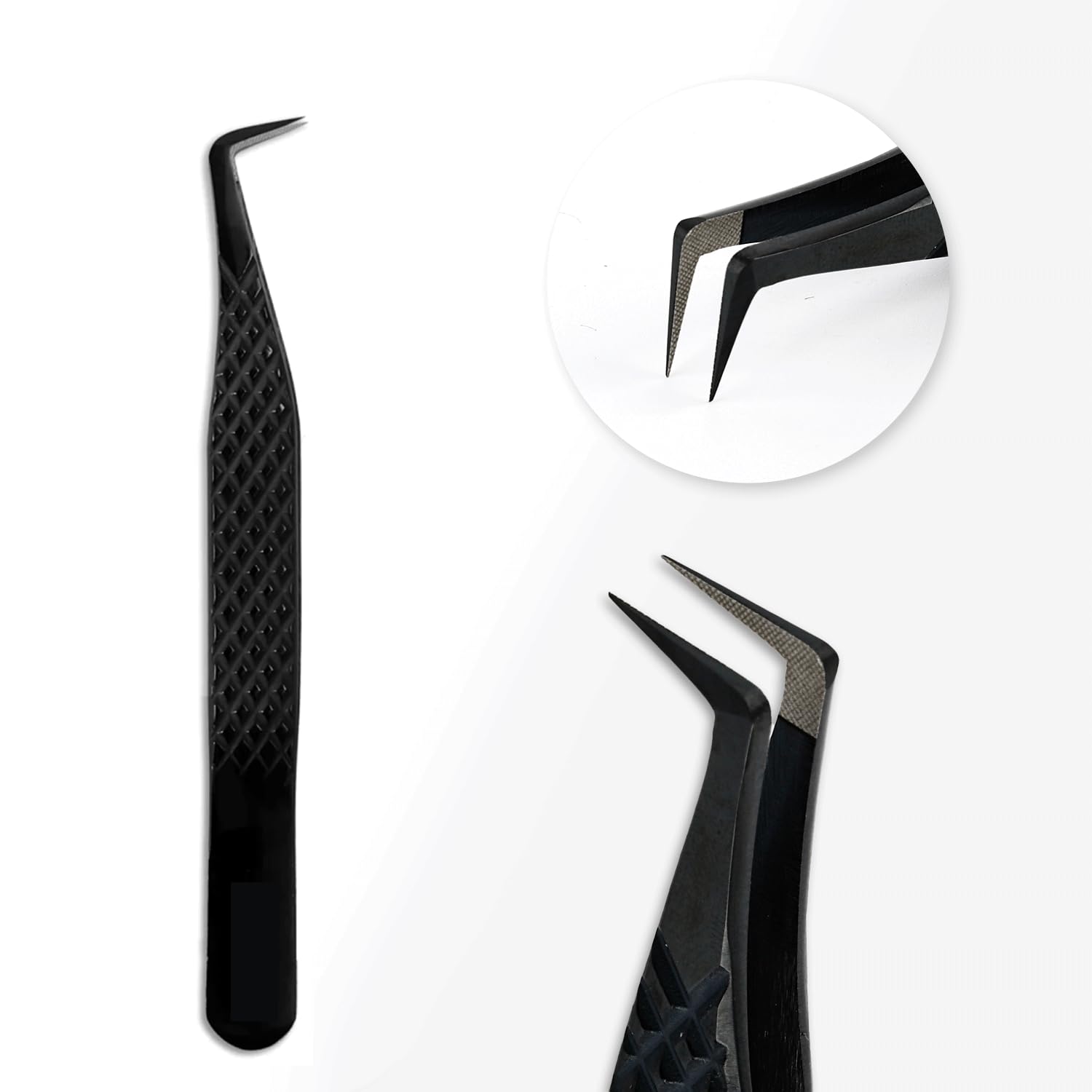 TDANCE Lash Tweezers for Eyelash Extensions, Diamond Grip 90 Degree Fiber Tip Lash Tweezers, Stainless Steel Lash Extension Tweezers(Black-01)