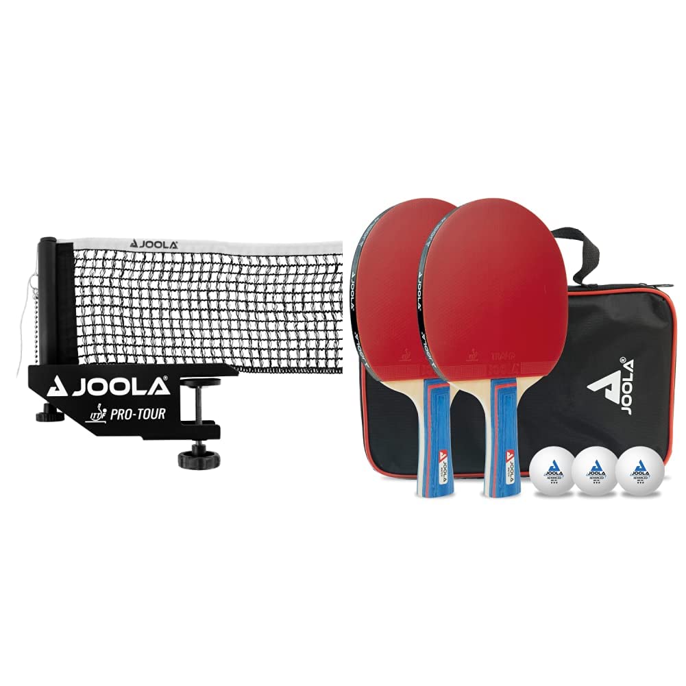 JOOLA Unisex – Erwachsene Post-Set Pro Tour Tischtennisnetz, Schwarz, 152cm & 54820 Tischtennis-Set Duo Bestehend aus 2 Tischtennisschläger+3Tischtennisbälle+1Aufbewahrungstasche,Mehrfarbig,OneSize