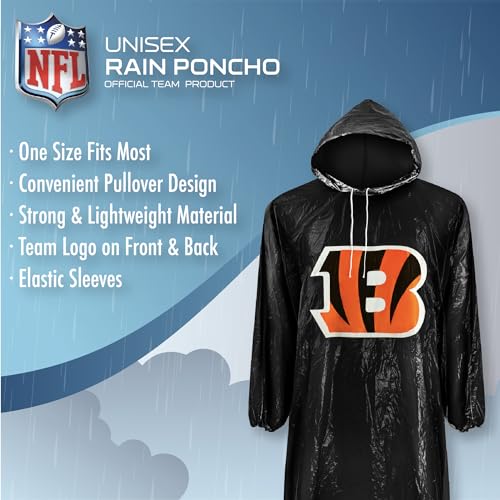 Image of NFL Waterproof Rain Poncho for Adults, Sporty, Elastic Sleeves and Drawstring Hood, Unisex Rain Coat