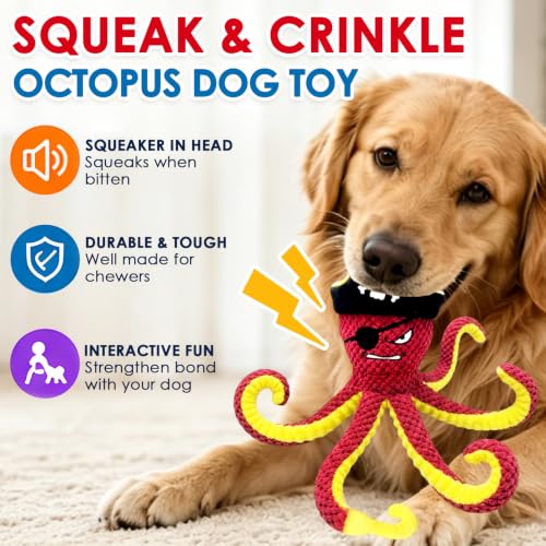 Image of MAXBECK Interactive Octopus Dog Toy, Plush Dog Toy with Crinkle Paper & Squeaker, Tug of War Dog Toy for Small Medium Large Dogs, Soft Dog Chew Toy for Indoor Play, Puppy Training (I-Octopus-Red)