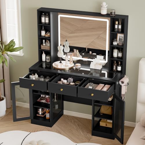 Image of Makeup Vanity Desk with Mirror and Lights, 43 inch Black Vanity with Glass Top, Jewelry Storage, 3 Drawers & Glass Cabinets, Power Outlet & Adjustable LED Lights, Dressing Table for Women & Girls Bedroom