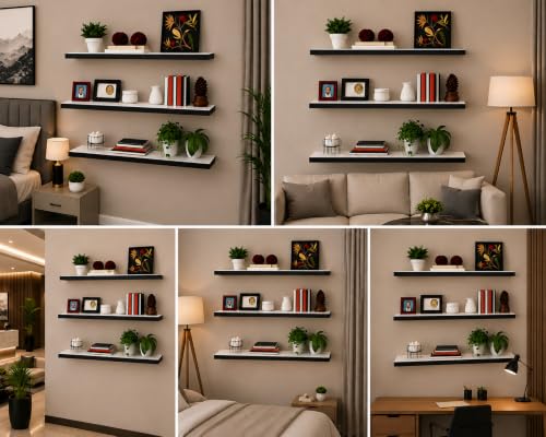 Image of TAKME Premium 3 Tier Floating Wall Shelves with Warm LED Lights, Modern Wall Mounted Display & Storage Rack, Engineered Wood /MDF Decorative Shelving Unit for Living Room, Bedroom, Office & Home Decor