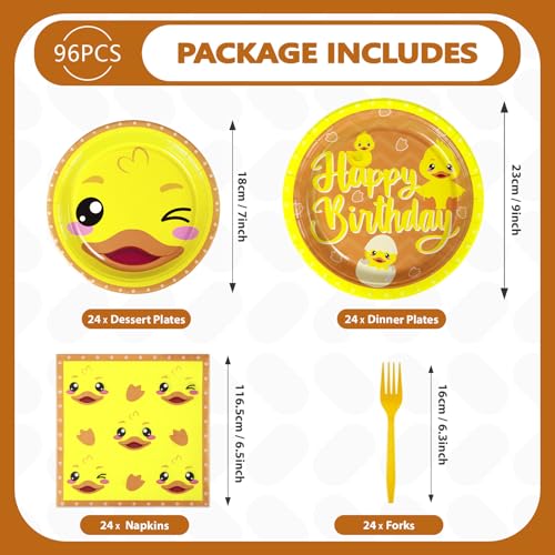 Image of Grencian 96Pcs Duck Birthday Party Decorations,Serve 24 | Cartoon Yellow Duck Plates and Napkins Tableware Set Duckie Baby Shower Decorations for One Lucky Ducks Birthday Supplies