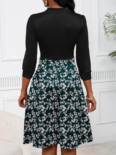 Image of PerZeal Women's Casual Flowy A-Line Midi Dress Flared V-Neck Colorblock Print for Wedding Guest 3 /4 Sleeve Dress with Belt