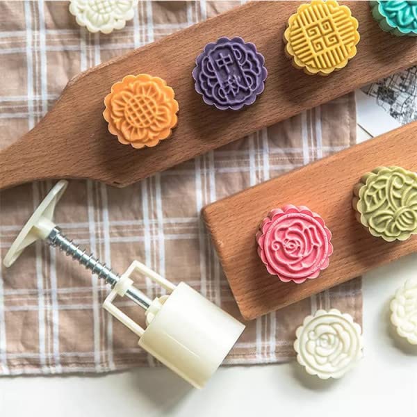 SARVASHVA TRENDS Moon Cake Mold 4 Pcs, Mid Autumn Festival DIY Hand Press Cookie Stamps Pastry Tool Moon Cake Maker, Flower Mode Patterns 1 Mold 4 Stamps 50g (White) 3