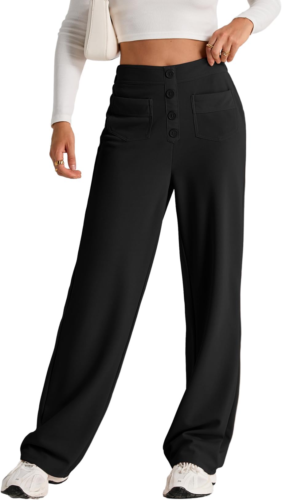 EVALESS Womens High Waist Button Stretchy Work Pants Straight Leg Office Dress Pant Business Casual Trousers with Pocket