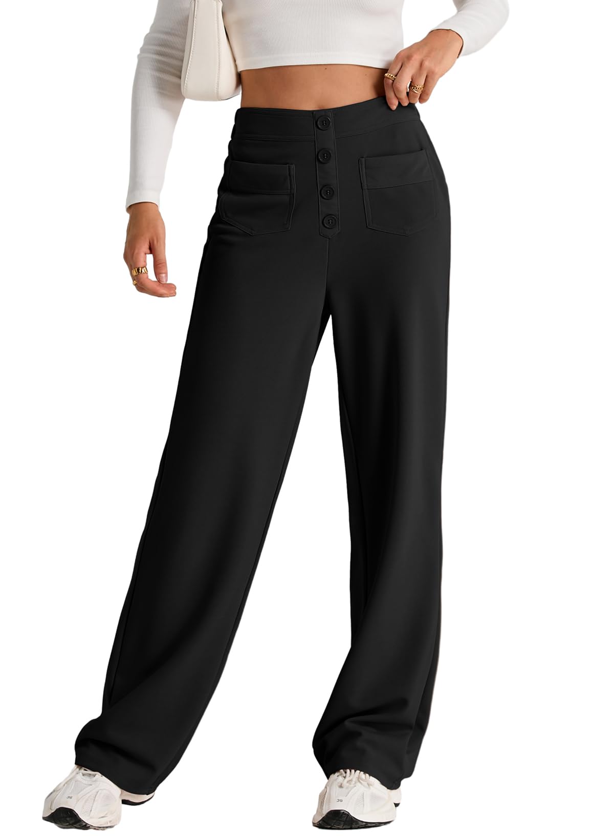 Womens High Waist Button Stretchy Work Pants Straight Leg Office Dress Pant Business Casual Trousers with Pocket
