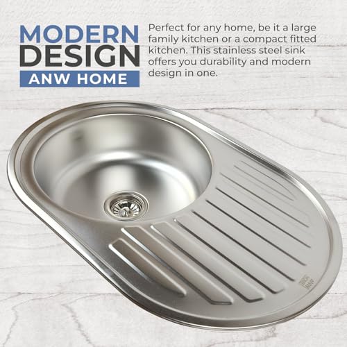 Fregadero de cocina de acero inoxidable de 57 x 45 cm con escurridor y sifón de montaje superior, lavabo redondo pequeño satinado, ideal para cocinas modernas y soluts que ahorran espacio