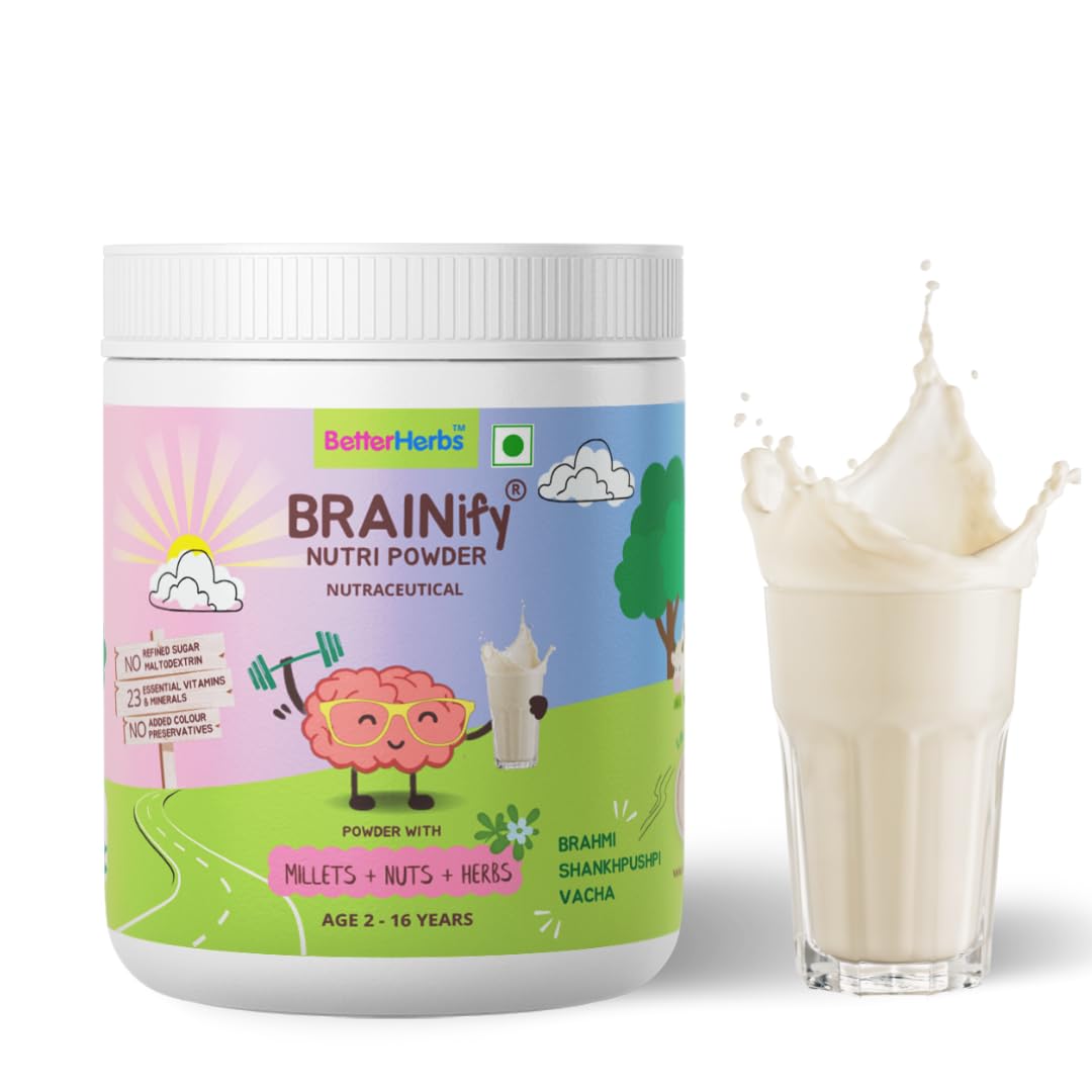 Better Herbs Brainify Vanilla Nutrition Drink Powder - 350g | Milk Mix for Kids | 2-16 Years | No Refined Sugar | 7 Herbs + Millets + Nuts | 23 Essential Vitamins & Minerals | Healthy Development