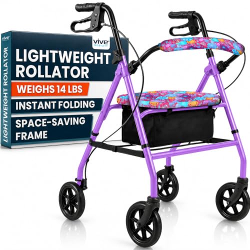 Vive Ultra Lightweight Rollator Walker with Seat - Foldable Narrow Rolling Senior Walker for Small Spaces - 4 Wheel Aluminum Adult Easy Drive Aid with Underseat Accessory