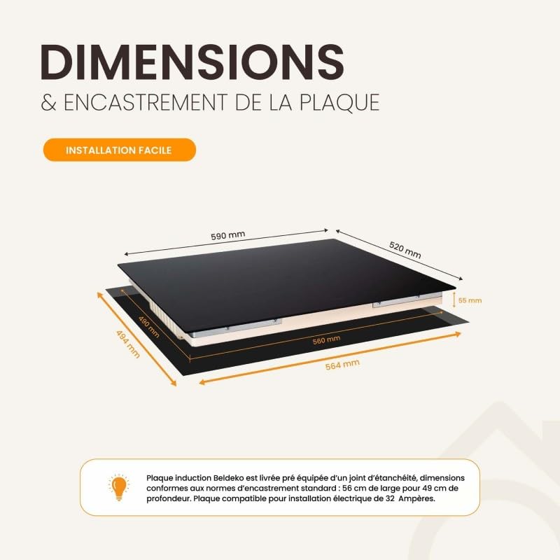 Plaque Induction 3 Feux Encastrable avec Slide Control BELDEKO - 7200W avec Booster - 10 Niveaux de Puissance - Fiable et Robuste - Minuteur, Touches Tactiles, Anti-Débordement
