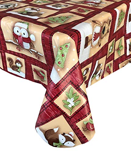 Buy 1 get 1 Newbridge Holiday Forest Friends Cottage Style Flannel Back Vinyl Christmas Tablecloth - Adorable Forest Animal Print Wipe Clean Easy Care Kitchen, Dining Room Tablecloth, 60” x 102” Oblong/Rectangle