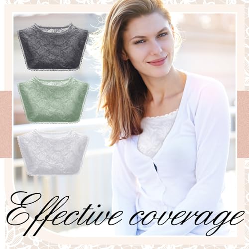 Image of Skicuff 3 Pcs Lace Cleavage Cover up for Low Neckline Fake Collars for Women Modesty Inserts for Low Cut Dresses Crew Collar