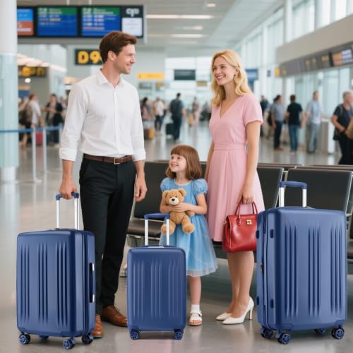 Image of Kono 3 Piece Expandable Luggage Set with Spinner Wheels Hardshell, Navy | 20 /24 /28inch Lightweight PC+ABS Suitcases Set TSA Locks, Carry On Luggage 22x14x9 Airline Approved Family Travel
