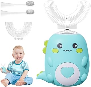Lulabini Dinobrush, Auto-Schallzahnbürste Für Kinder Mit 2 U-Förmigen Silikonbürstenköpfen & 2 Bürstenkopf, 360º Elektrische Kinderzahnbürsten Mit LED & Dino-Look Licht
