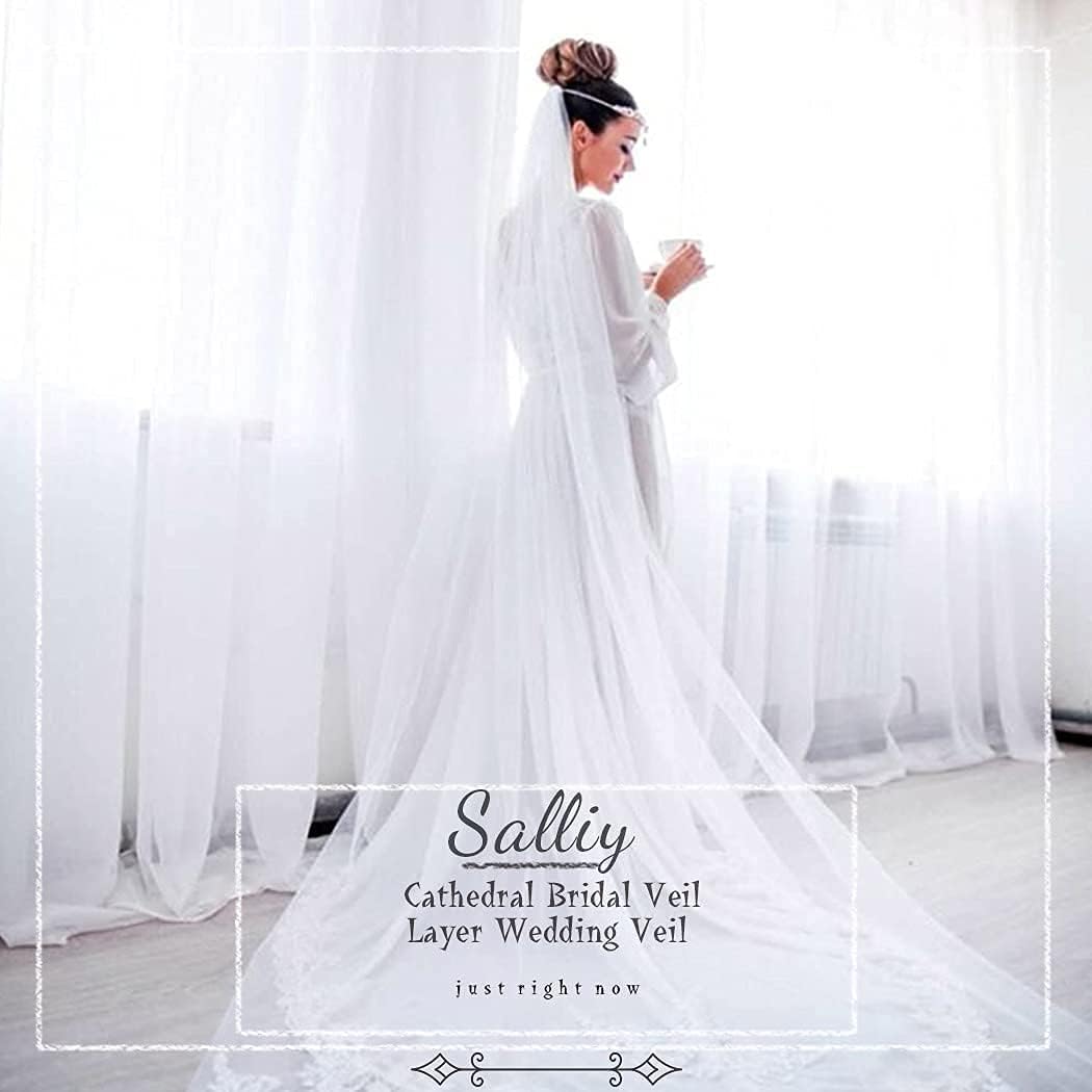 Wedding Veils Cathedral Bride Veil Embroidery Lace Edge Bridal Veils with Comb 1 Tier 118" Floral Veils for Women