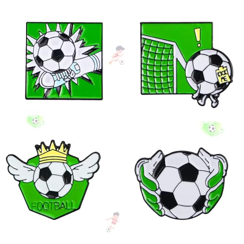 Image of 4Pcs Cartoon Football Sports Brooch, Holding A Football, Scoring A Goal, Enamel Pin, Kicking a Football, Crown Lapel Pin, Alloy Backpack Pin, Suitable for Cool Pins, Suitable for Daily Clothes, Bags, Hats Decoration, Party Gifts Collection