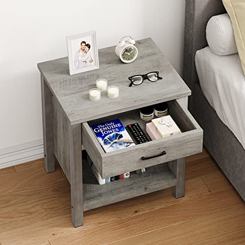 Alkmaar Nightstands For Bedroom, Farmhouse Square Nightstand Bedside End Tables With Drawer Storage, Rustic Grey #TOP3