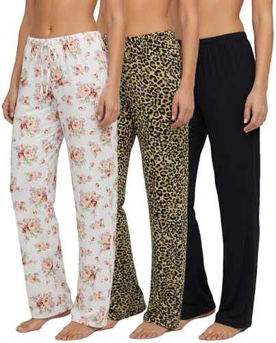 Image of 3 Pack Women's Pajama Pants Soft Lounge PJ Bottoms Comfy Sleepwear Pijamas | Available In Plus Size, Cute Sleep Pajamas, Knit, Loose Fit, Drawstring Elastic Waist, Stretch, Ladies, Night, Sleep, Casual