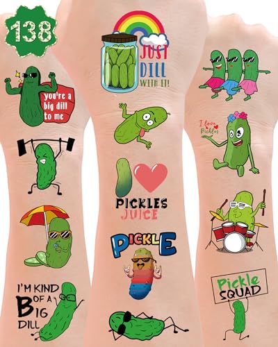 YanZonic 138 PCS Pickle Funny Temporary Tattoos Pickle Stickers - Pickle Gifts for Pickle Stuff Lovers, Suitable for Pickle Party Decorations and Pickle Birthday Decorations party favors, 15 Sheets